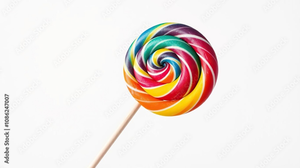 Colorful rainbow lollipop on a wooden stick against a plain background, wooden stick, colorful lollipop Colorful rainbow lollipop on a wooden stick against a plain background, wooden stick, colorful lollipop