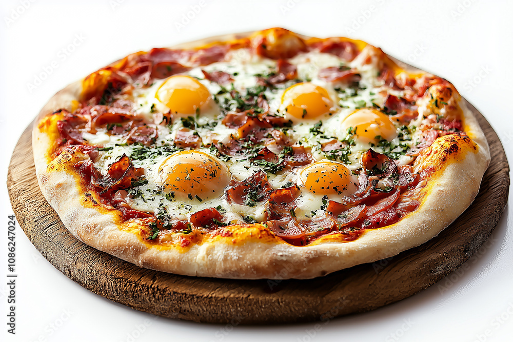Pizza with sausage slices and eggs on wooden board isolated on white background. Pizza with sausage slices and eggs on wooden board isolated on white background.