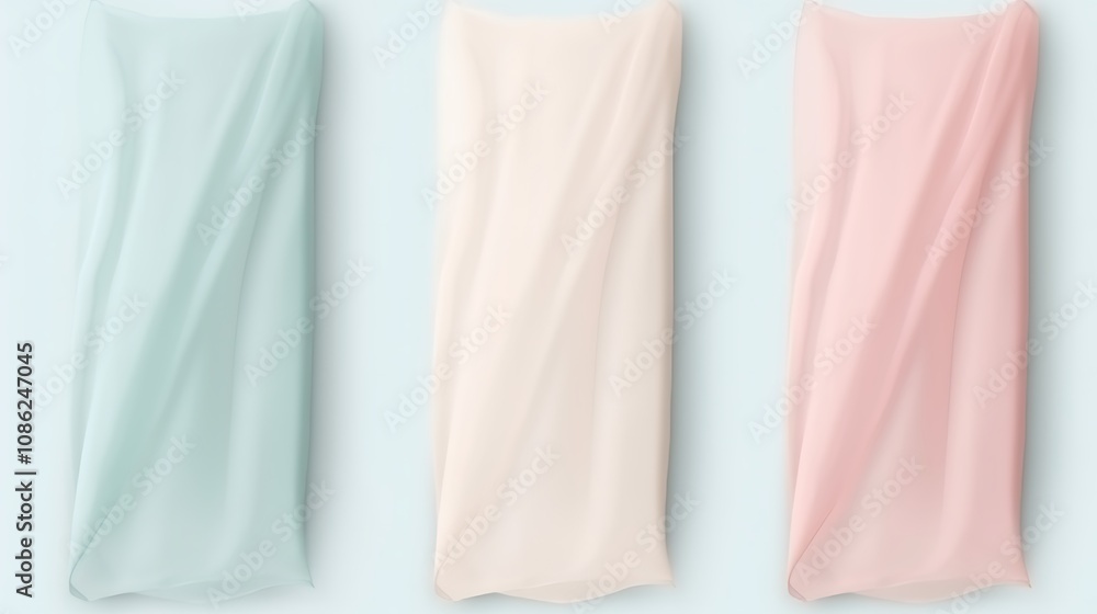Three Draped Fabric Panels in Pastel Colors Three Draped Fabric Panels in Pastel Colors