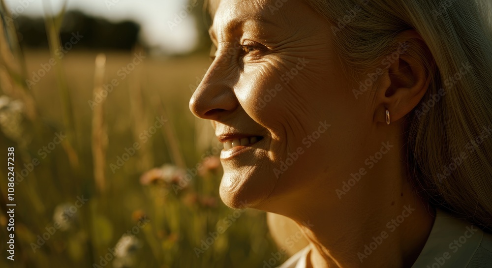 Elderly Caucasian woman enjoying nature in sunny field with tall grasses Elderly Caucasian woman enjoying nature in sunny field with tall grasses