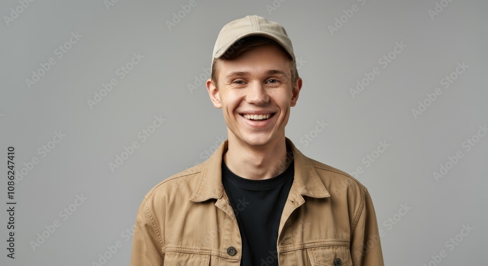 Smiling young man in casual outfit with cap Neutral background Caucasian male Smiling young man in casual outfit with cap Neutral background Caucasian male