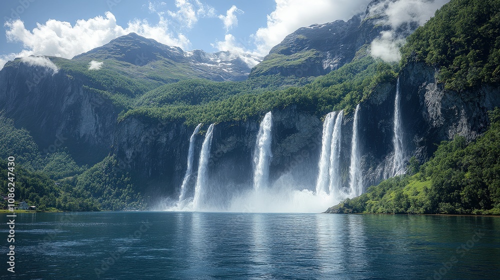 Majestic Waterfalls Cascading from Verdant Mountains into Serene Lake Under Clear Blue Skies Surrounded by Lush Forest in Scenic Natural Landscape Majestic Waterfalls Cascading from Verdant Mountains into Serene Lake Under Clear Blue Skies Surrounded by Lush Forest in Scenic Natural Landscape