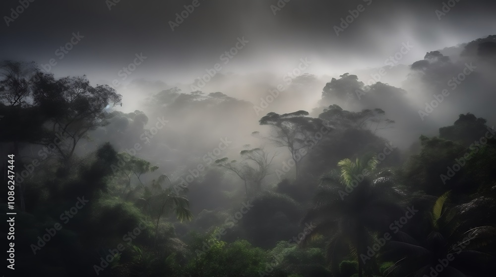 Misty Rainforest Sunlight Illuminates Lush Green Canopy Misty Rainforest Sunlight Illuminates Lush Green Canopy