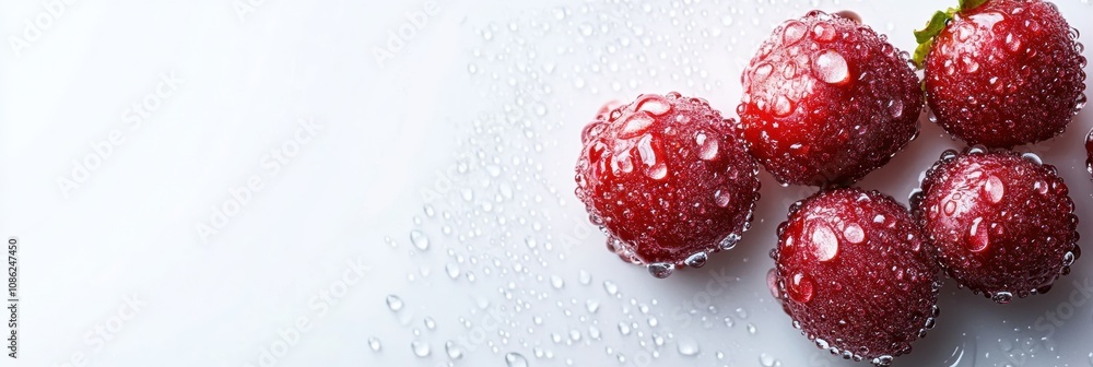 Juicy red strawberries covered in water droplets sit on a bright white surface, showcasing their freshness and appeal. Generative AI