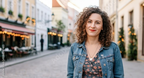 Smiling woman with curly hair, floral dress, and denim jacket standing on charming street cafes