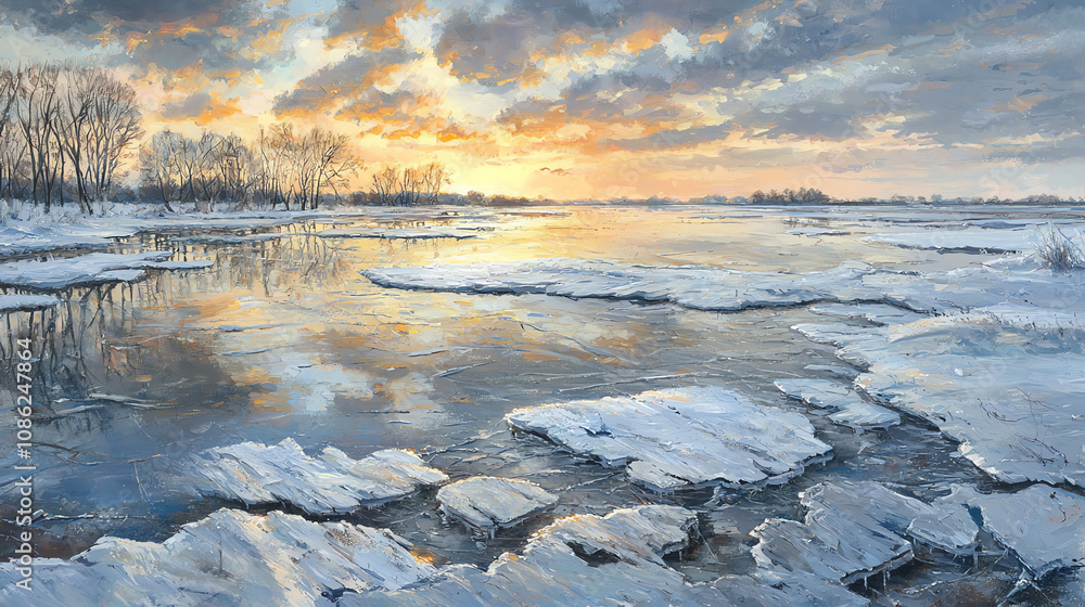 Frozen landscape at sunset showcasing cracked ice and shimmering frozen waves along a tranquil river in winter Frozen landscape at sunset showcasing cracked ice and shimmering frozen waves along a tranquil river in winter