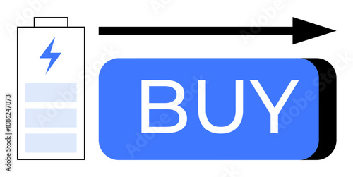 Battery icon with charging symbol, black arrow pointing right, and blue buy button. Ideal for e-commerce, shopping apps, digital marketing, online sales, technology products, user interface design