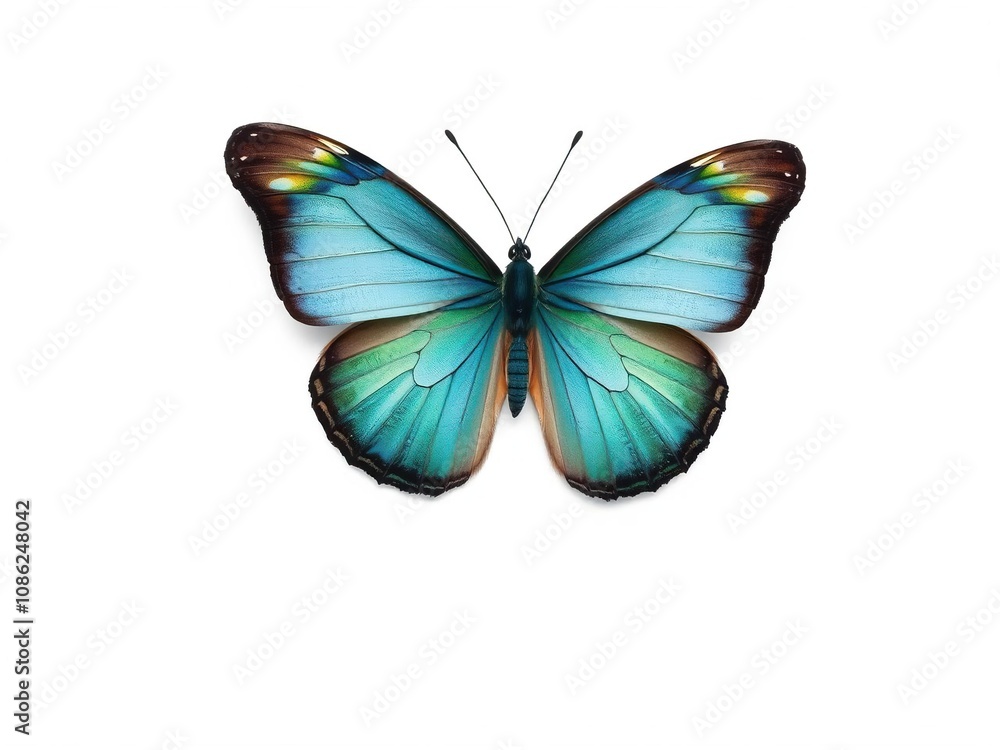 Obraz premium Delicate wings of a butterfly in shades of blue and green on a pristine white background, flying insect, white background