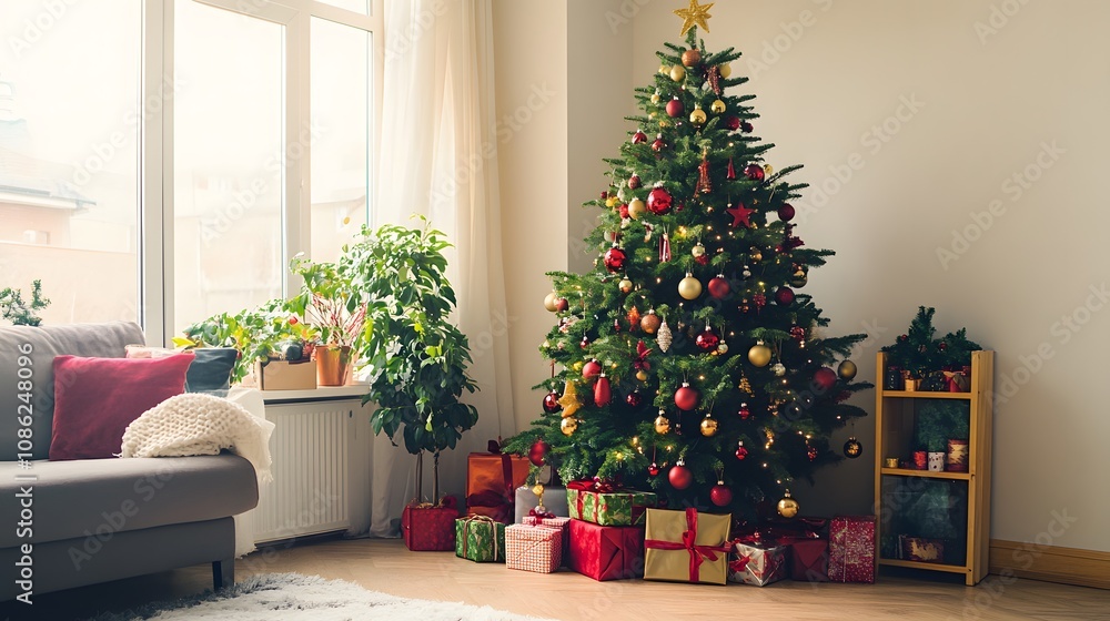 Decorated Christmas Tree with Presents Underneath in a Living Room Decorated Christmas Tree with Presents Underneath in a Living Room