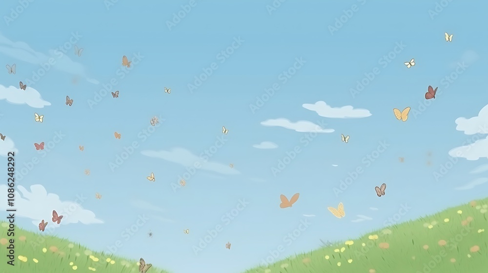 Many Butterflies Fly Above a Green Meadow Under a Blue Sky Many Butterflies Fly Above a Green Meadow Under a Blue Sky
