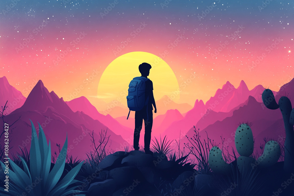 Backpacker Silhouetted Against Vibrant Sunset Mountain Landscape Backpacker Silhouetted Against Vibrant Sunset Mountain Landscape