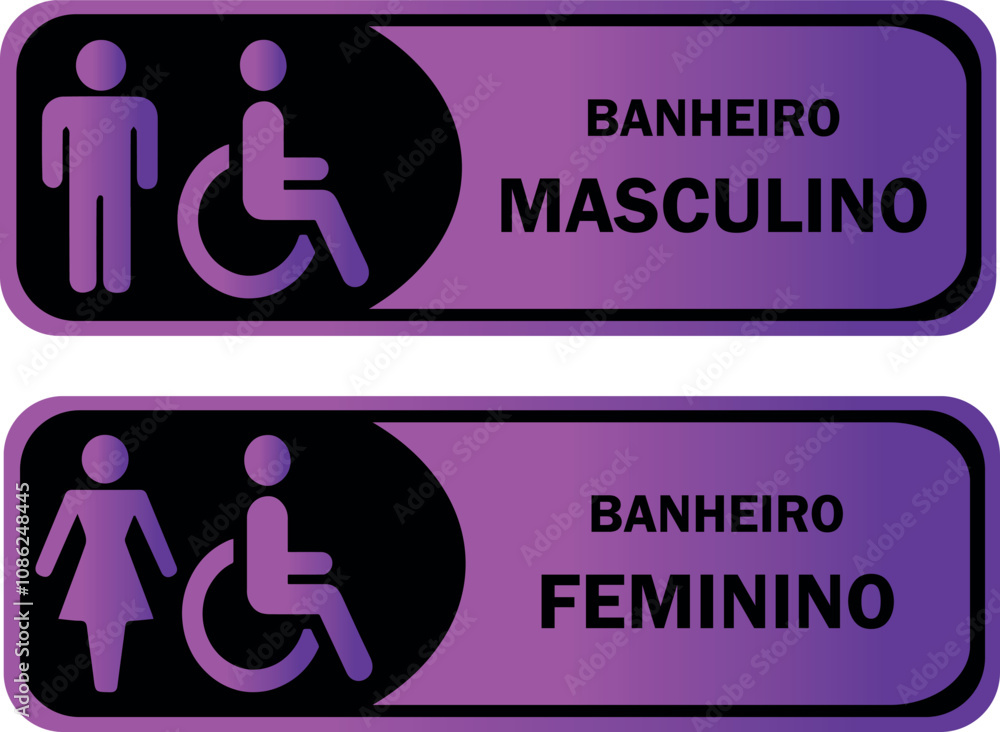 Placas para Banheiro Retangular, Masculino e Feminino. Nas Cores Preta e Roxo Gradiente. Placas para Banheiro Retangular, Masculino e Feminino. Nas Cores Preta e Roxo Gradiente.