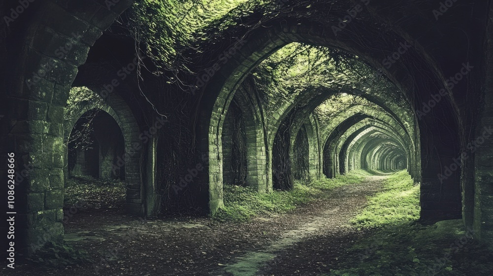 Overgrown Stone Archway Surrounded by Greenery Overgrown Stone Archway Surrounded by Greenery