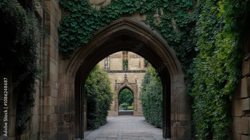 Fototapeta premium Overgrown Archway Surrounded by Ivy and Stone Walls
