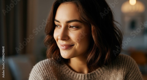 Young woman with short brown hair, wearing sweater, smiling indoors