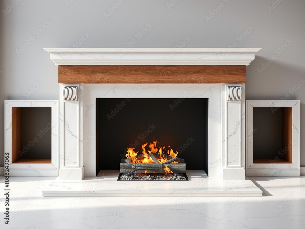 Elegant white marble fireplace with fire pit and wooden mantel, stone features, elegant decor Elegant white marble fireplace with fire pit and wooden mantel, stone features, elegant decor