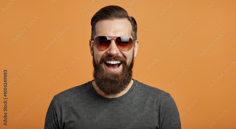 Smiling Caucasian man with beard wearing sunglasses against orange background Smiling Caucasian man with beard wearing sunglasses against orange background
