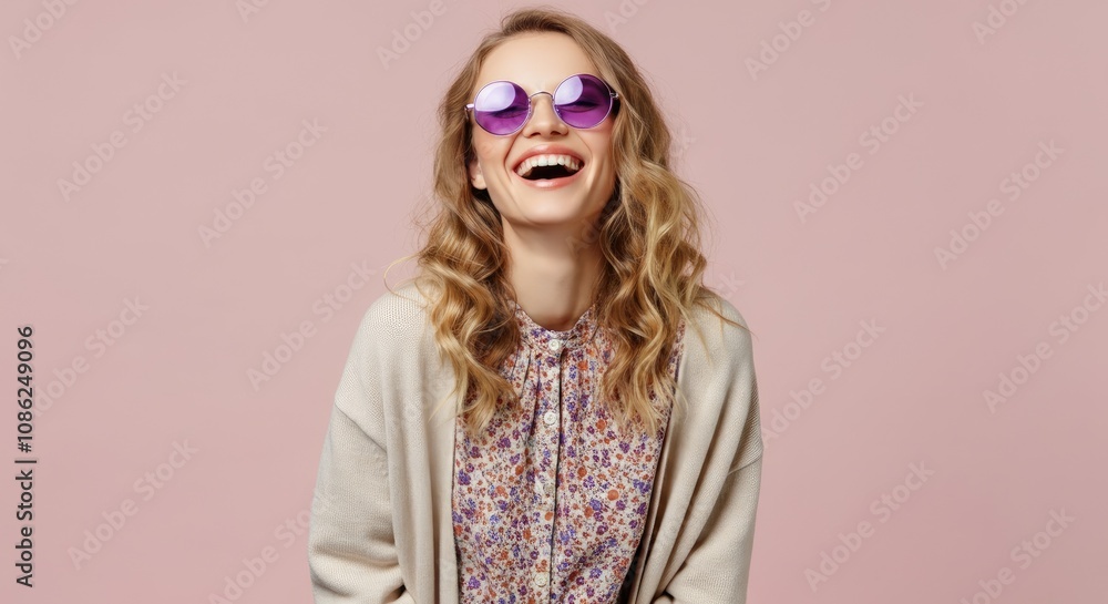 Smiling woman with blond hair wearing purple sunglasses and floral shirt against pink background Smiling woman with blond hair wearing purple sunglasses and floral shirt against pink background