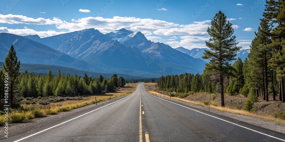 Naklejka premium Empty stretch of asphalt road running parallel to a mountain range with a clear blue sky above and pine trees in the foreground, road to nowhere, mountain view, serene atmosphere
