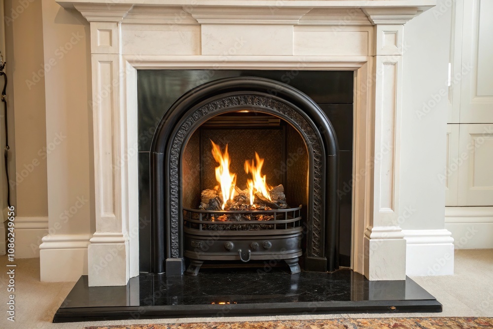 Flames dancing in a elegant black cast iron fireplace, warm and inviting, cozy ambiance, rustic elegance, burning ember, dark wood Flames dancing in a elegant black cast iron fireplace, warm and inviting, cozy ambiance, rustic elegance, burning ember, dark wood