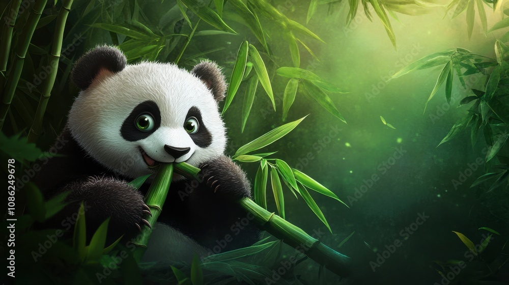 Happy Panda Enjoying Bamboo in Lush Greenery Happy Panda Enjoying Bamboo in Lush Greenery
