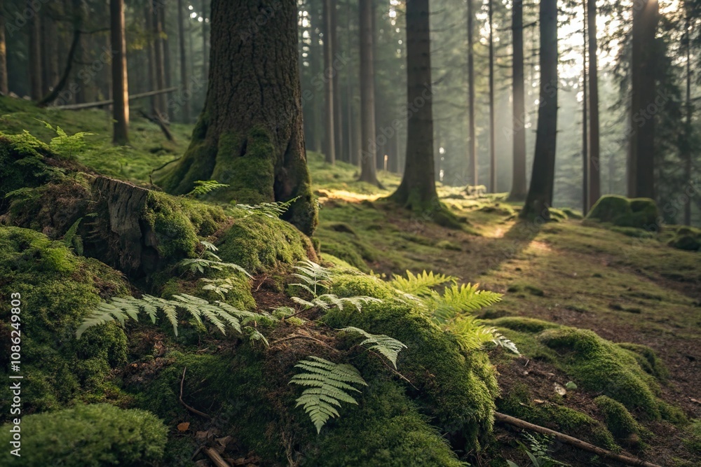 Fototapeta premium Forest floor with moss-covered log and ferns, moss, fallen tree