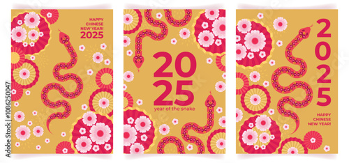 Set of beautiful floral backgrounds with snake for celebrating Chinese New Year 2025. Festive poster with snake, fans and flowers. Postcard, banner, flyer, invitation, cover