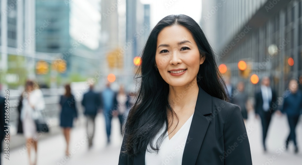 Asian woman in business attire smiles outdoors city