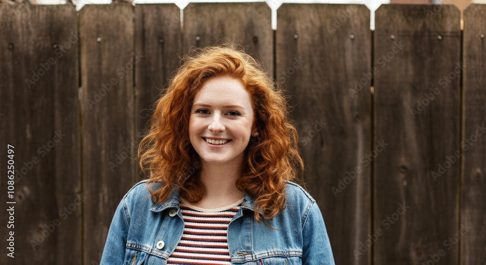 Smiling woman with red curly hair in denim jacket, standing front of wooden fence Smiling woman with red curly hair in denim jacket, standing front of wooden fence