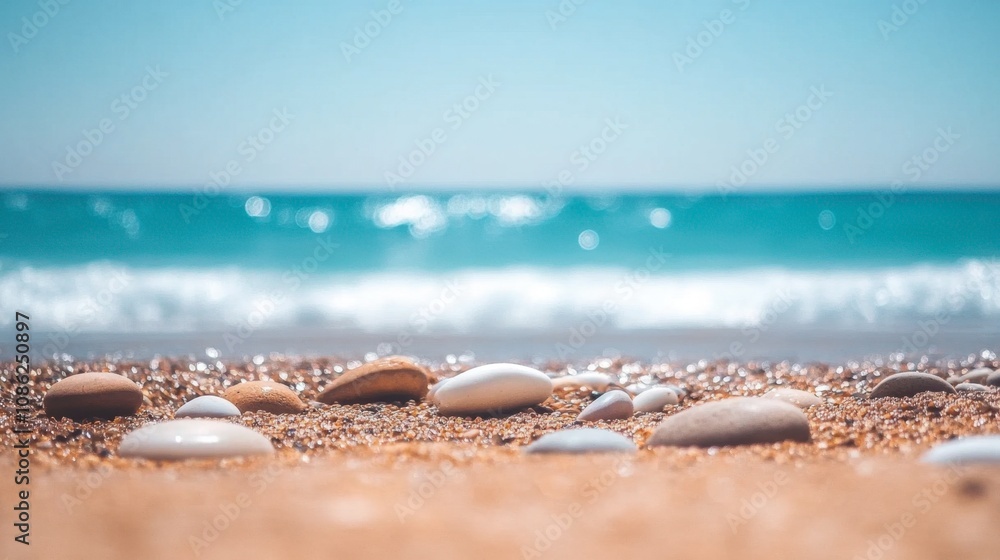 Colorful Pebbles on Sandy Beach with Ocean Waves Colorful Pebbles on Sandy Beach with Ocean Waves