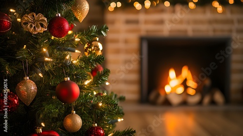 Decorated Christmas Tree with a Blurry Fireplace in the Background