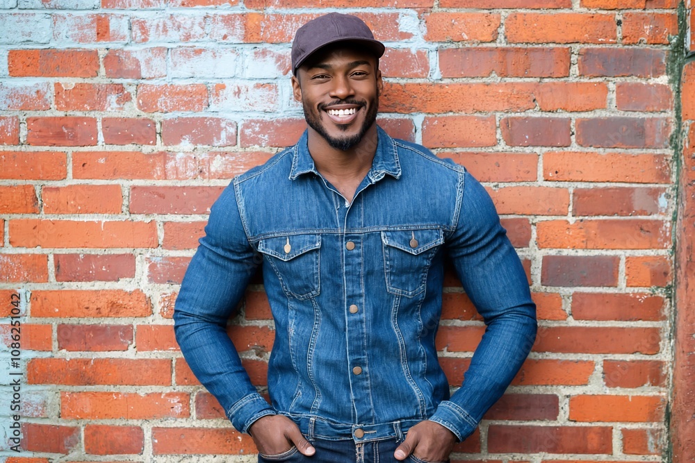 Stylish Man in Denim Jacket Smiling Against Brick Wall Stylish Man in Denim Jacket Smiling Against Brick Wall