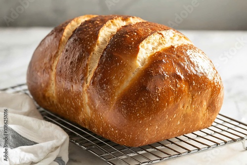 Freshly Baked Loaf of Bread on a Cooling Rack photo