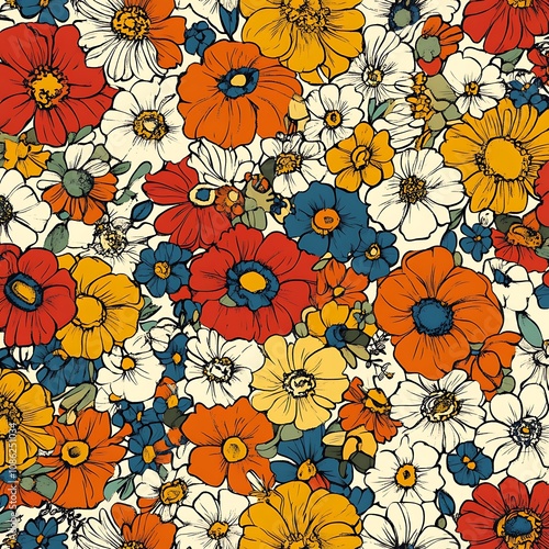 Colorful Retro Floral Pattern with White, Red, Orange, Yellow, and Blue Flowers