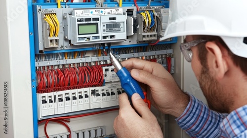 Professional Electrician Testing Voltage in Control Panel