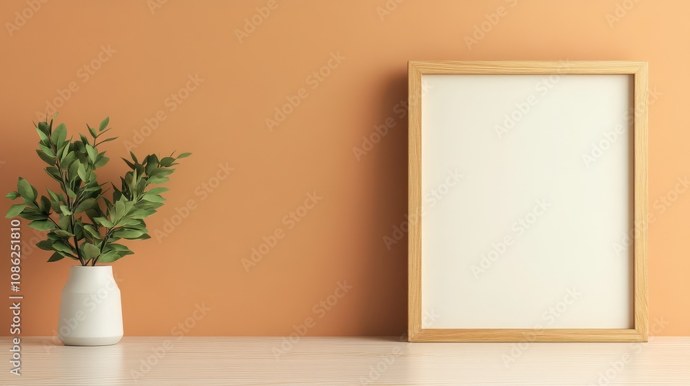 A minimalist interior scene featuring a blank frame and a potted plant against an orange wall, perfect for decoration inspiration. A minimalist interior scene featuring a blank frame and a potted plant against an orange wall, perfect for decoration inspiration.