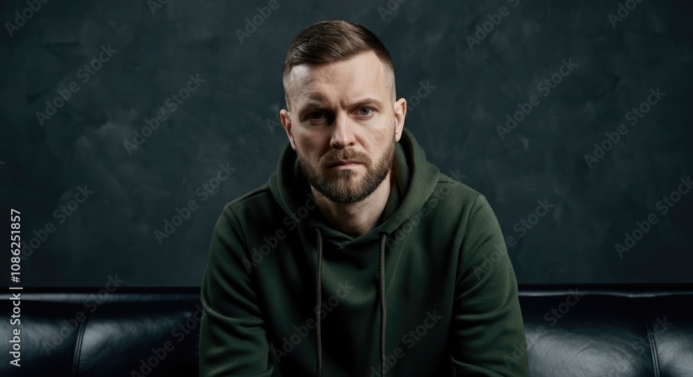 Caucasian man in green hoodie sitting on black leather sofa against dark background Caucasian man in green hoodie sitting on black leather sofa against dark background