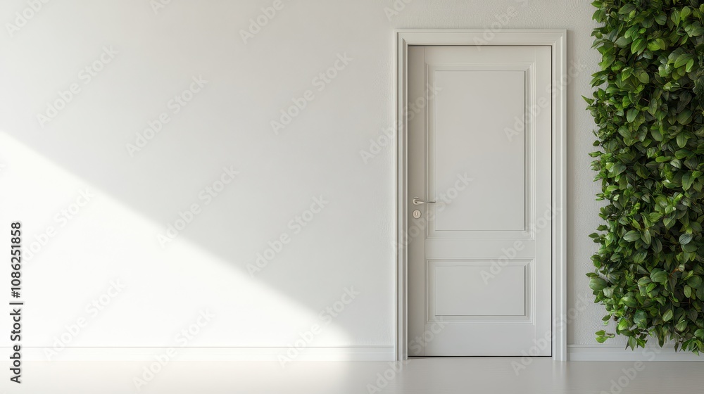 Fototapeta premium A modern, minimalistic interior featuring a white door and greenery, perfect for showcasing elegance and tranquility in design.