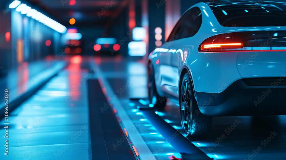 Autonomous Electric Vehicle, Sensor Cleaning System, Futuristic Garage, Neon Lights, 3D Rendering Autonomous Electric Vehicle, Sensor Cleaning System, Futuristic Garage, Neon Lights, 3D Rendering