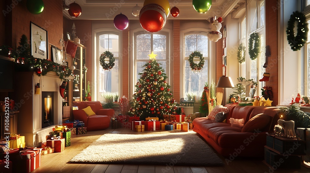 Cozy Christmas Living Room with Decorated Tree Cozy Christmas Living Room with Decorated Tree
