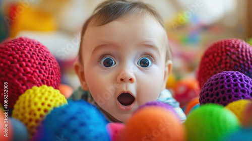 candid shot of infant with look of surprise surrounded by colorful balls, evoking sense of wonder and joy. vibrant colors create playful atmosphere
