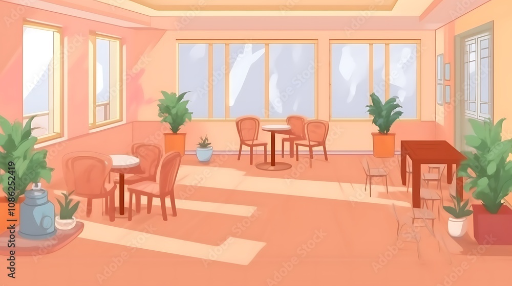 Fototapeta premium Cozy Cafe Interior Design With Plants and Tables