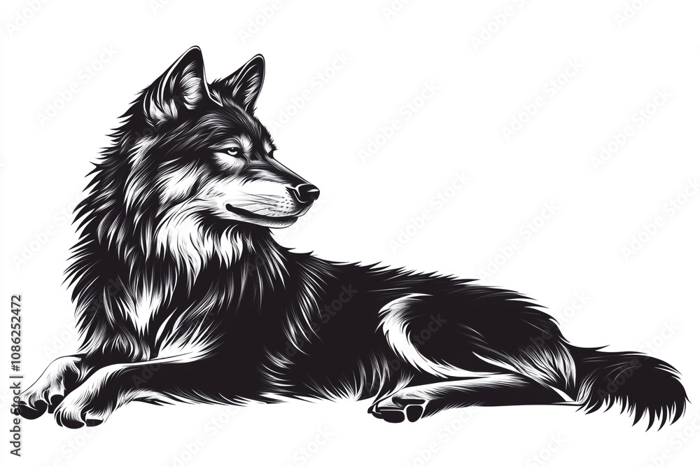 Naklejka premium A Majestic Wolf Resting Elegantly In Black And White
