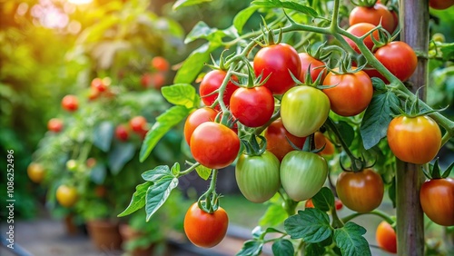 Mature tomato plant with multiple fruits and lush green leaves in a backyard garden, garden, petals, mature