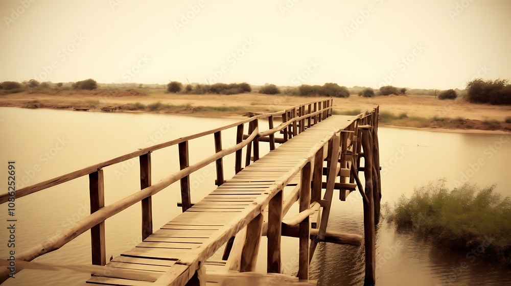 Obraz premium Rustic Wooden Bridge Spanning Calm Water In A Serene Landscape
