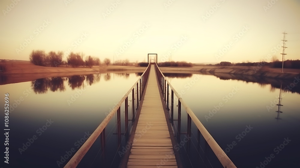 Wooden Bridge Spanning Calm Water at Sunset Wooden Bridge Spanning Calm Water at Sunset