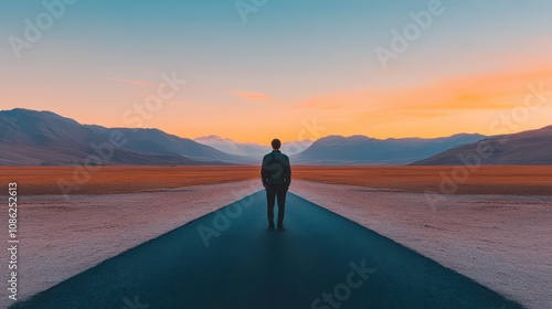 A solitary figure standing on an empty road at sunset, surrounded by vast landscapes and mountains, evoking feelings of freedom.