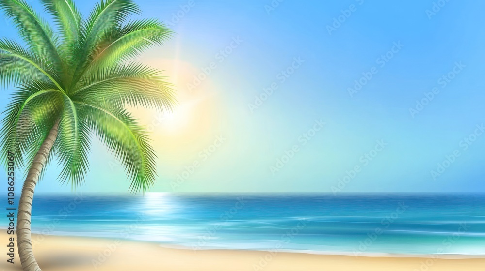 Fototapeta premium A serene beach scene with palm tree and sunlit ocean.