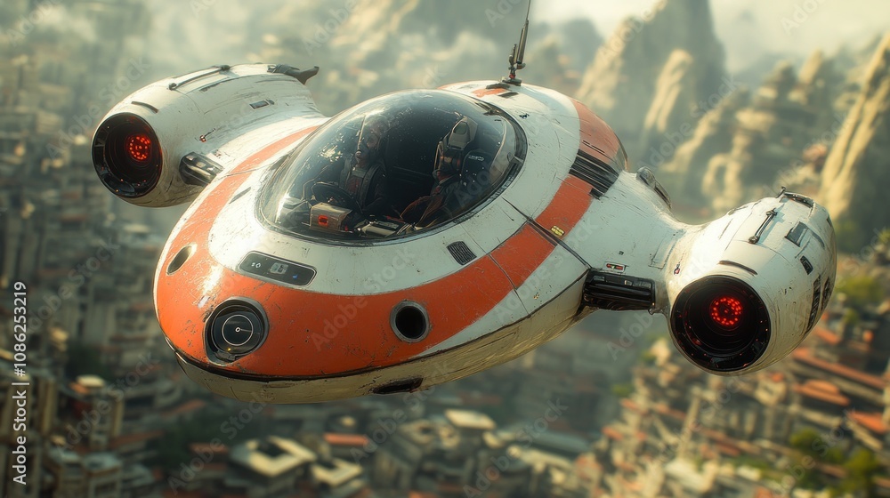 Futuristic spacecraft flying over a mountainous cityscape. Futuristic spacecraft flying over a mountainous cityscape.