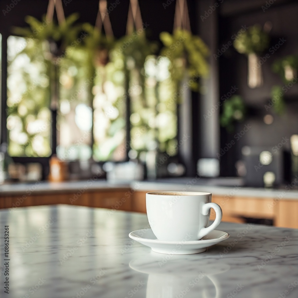 White coffee cup on a marble counter with a green plant backdrop White coffee cup on a marble counter with a green plant backdrop